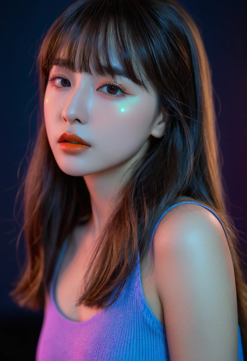 8k, best quality, 1 Girl, (Skin Indentation), night, (dark), Indoor clear background, (people), Beautiful bangs, Gorgeous,, (Clothing and:1.3),Soft lighting, attractive, dark Room, (mouth close:1.2, beautiful eyes, Delicate eyes, Detailed iris, Beautiful lips, Beautiful nose, Pretty Face),(primary color:1.5),(Ambient Light:1.5),(Neon light:1.8)