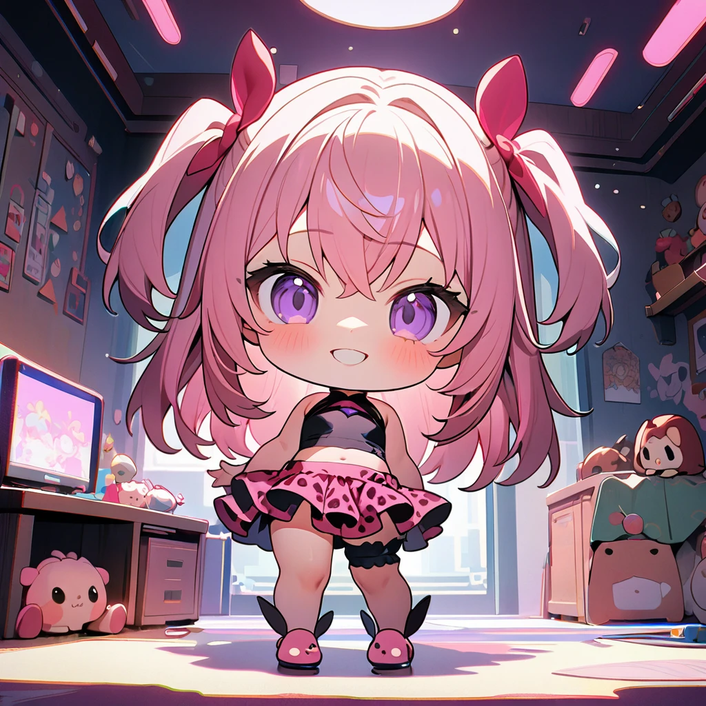 (8K, best quality, master piece: 1.2),super high resolution,1 cute girl,solo,(chibi:1.4),ultra-detailed face,deep detailed eyes,Purple eyes,Mascara,two side up,bubblegum pink hair,halter top,leopard pattern skirt,smile,Bridal garter,parted lips,standing,full body,toe,slippers,look at viewer,rim light,1 Dracaena flowerpot,messy children's room