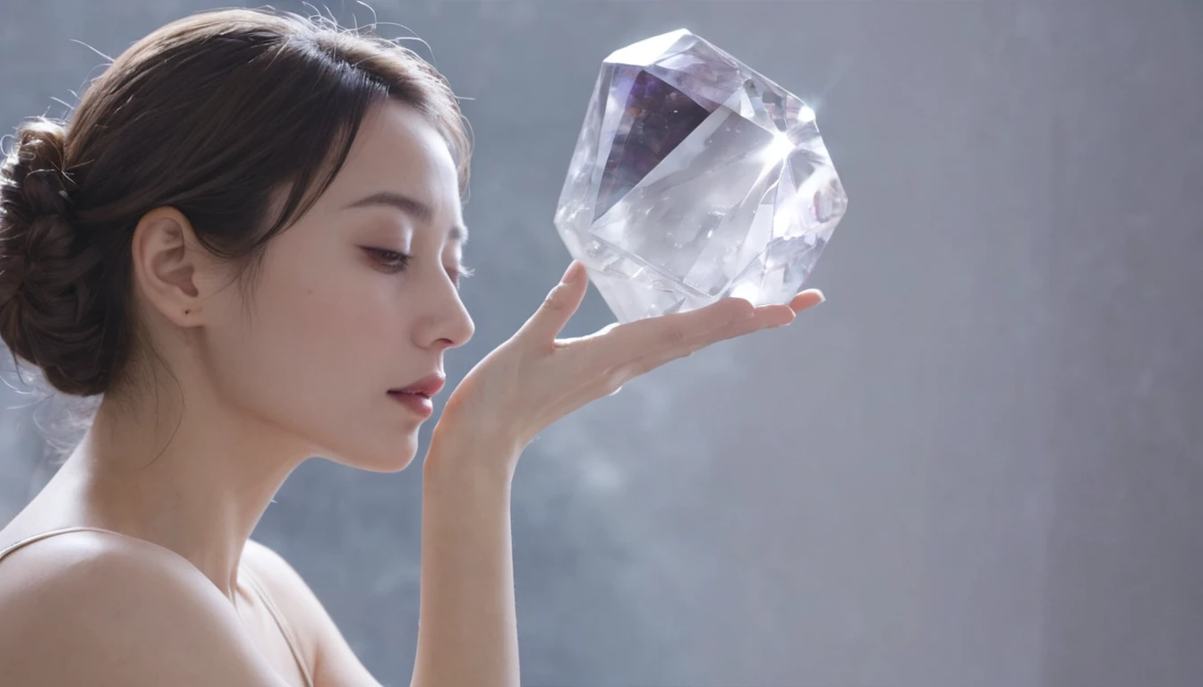 A beautiful woman feeling the sound of a crystal