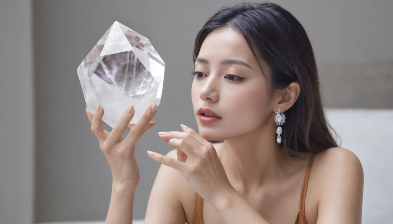 A beautiful woman feeling the sound of a crystal