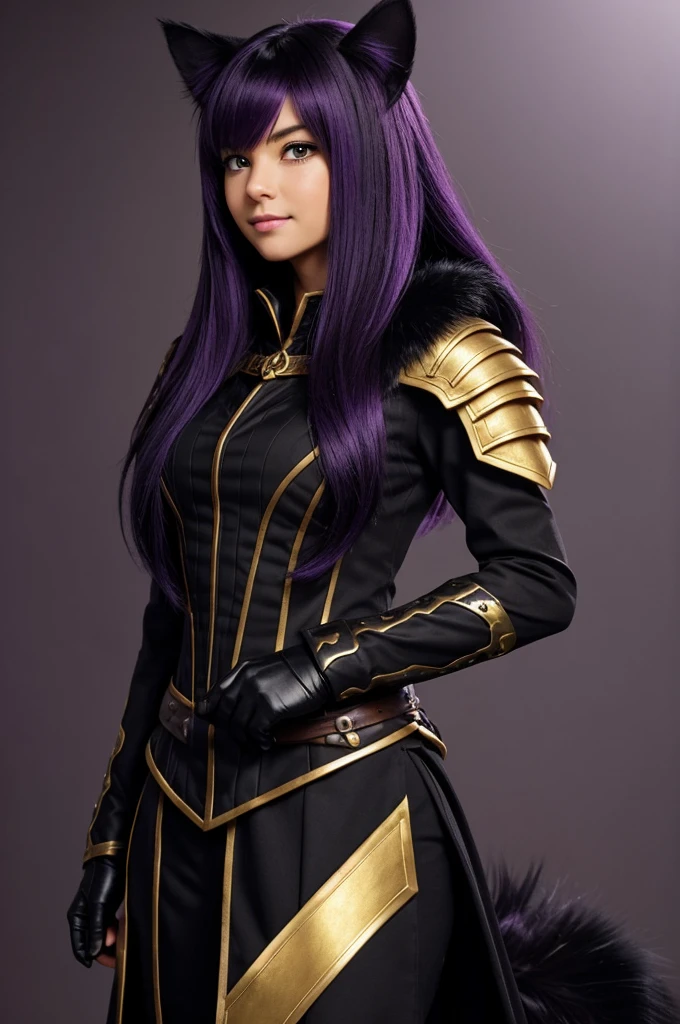 Age: The character has a youthful appearance, typical of many anime characterPose: She is looking up towards the viewer, possibly sitting or kneeling on a wooden floorExpression: The character has a playful, slightly mischievous expression, indicated by her open mouth showing small fangsStyle: The outfit has a somewhat armored or fantasy look, with possible influences from military or combat attire.Details: The outfit is form-fitting, with gold trim and a distinctive emblem or design in the chest area.Color Scheme: Primarily black with gold accents.Tail: A long, bushy tail, also matching the hair color.Ears: Cat-like ears covered in dark fur that match the hair color, with lighter fur on the inner side.Eyes: Large, vibrant purple eyes with a lively expressionHair: Long, dark purple or black hair with a glossy finish.