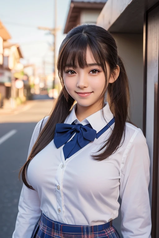 ((masterpiece, Best Quality)), ((A high resolution)), (photograph realistic), Best Shadow, high detailing, Very detailed, (nice hand, Perfect hands), (Face Focus:1.2), ((1girl in)), Beautiful Girl, 18 years old, Brown eyes, (brown ponytail hair 1.5), (big breasts:1.3), (smile:1.3), Glossy white skin, (view from front:1.3), (Very slender:1.3), (Cute face:1.3), (look at viewer:1.4), Kawaii face, thin lips, detailed facial features, Crisp focus, perfect beautiful body and face, Cute childish face, Perfectly focused, (school uniform:1.2), Long bangs, in the twilight city, (cowboy shot:1.2), japanese famous idol, (Standing:1.3)