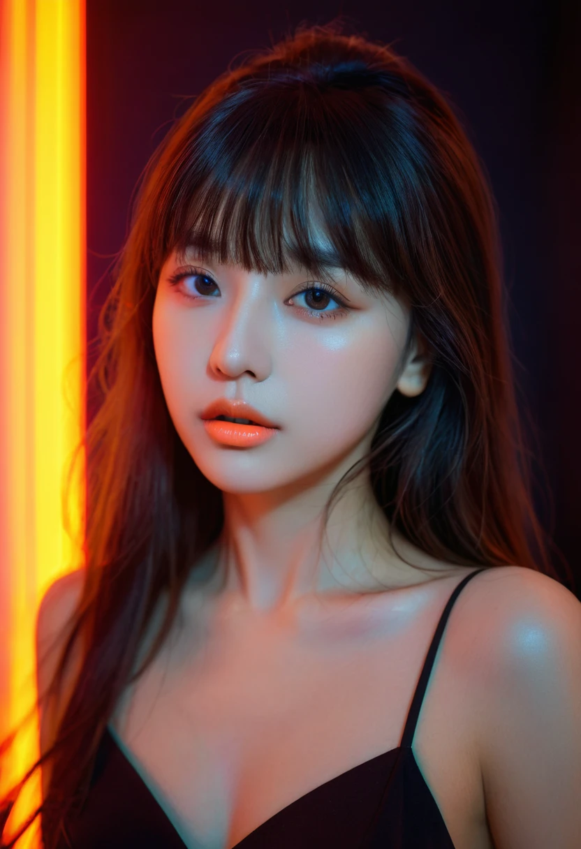 8k, best quality, 1 Girl, (Skin Indentation), night, (dark), Indoor clear background, (people), Beautiful bangs, Gorgeous,, (Clothing and:1.3),Soft lighting, attractive, dark Room, (mouth close:1.2, beautiful eyes, Delicate eyes, Detailed iris, Beautiful lips, Beautiful nose, Pretty Face),(primary color:1.5),(Ambient Light:1.5),(Neon light:1.8)