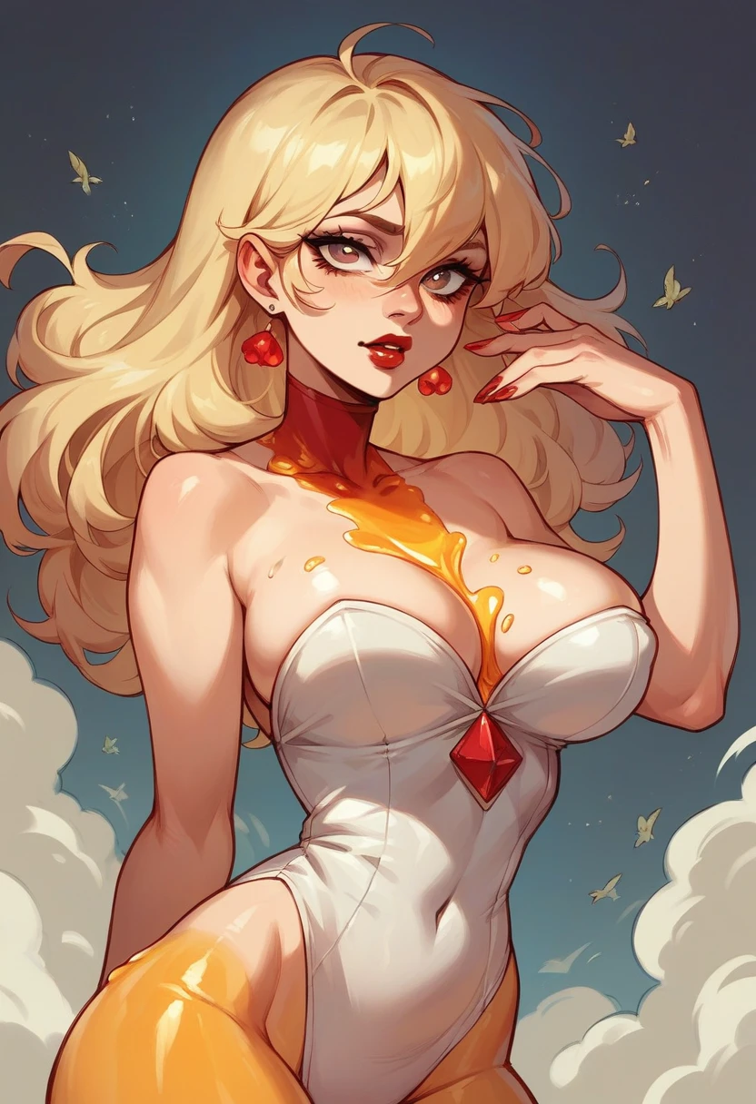 A blonde girl with a small waist and big breasts, a pert nose and thin honey-colored eyes and red lips.