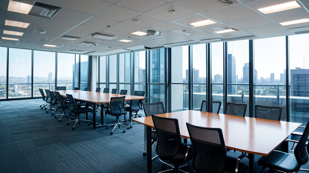 Team meeting in a contemporary conference room with digital devices.