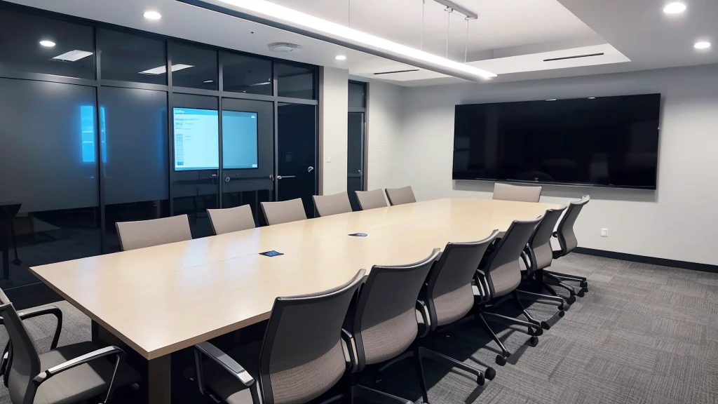 Team meeting in a contemporary conference room with digital devices.