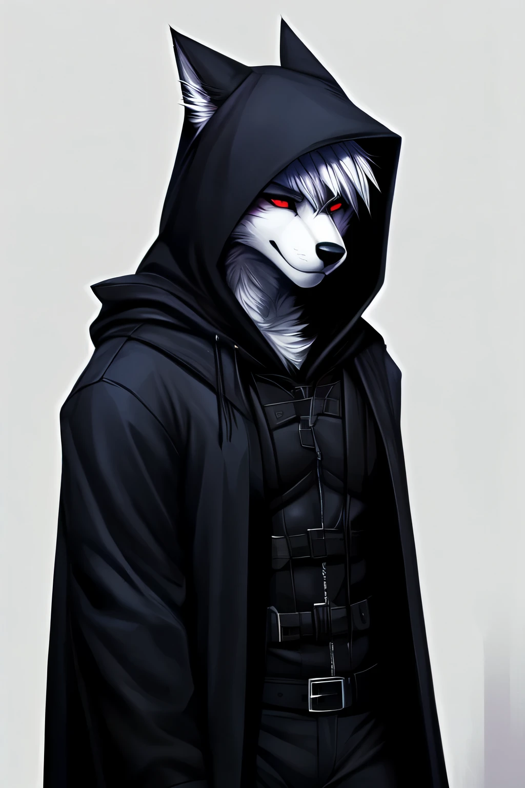 por angiewolf, hioshiru, puros, anthropo, mascle, standing alone, badass clothing, coat, 2022, black badass clothing, hooded cloak, black tops, eyes locked, black hooded cloak, White background