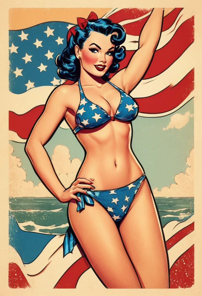 pin-up illustration, American comic style, a girl, (stars and stripes bikini, nipples), raising fist
