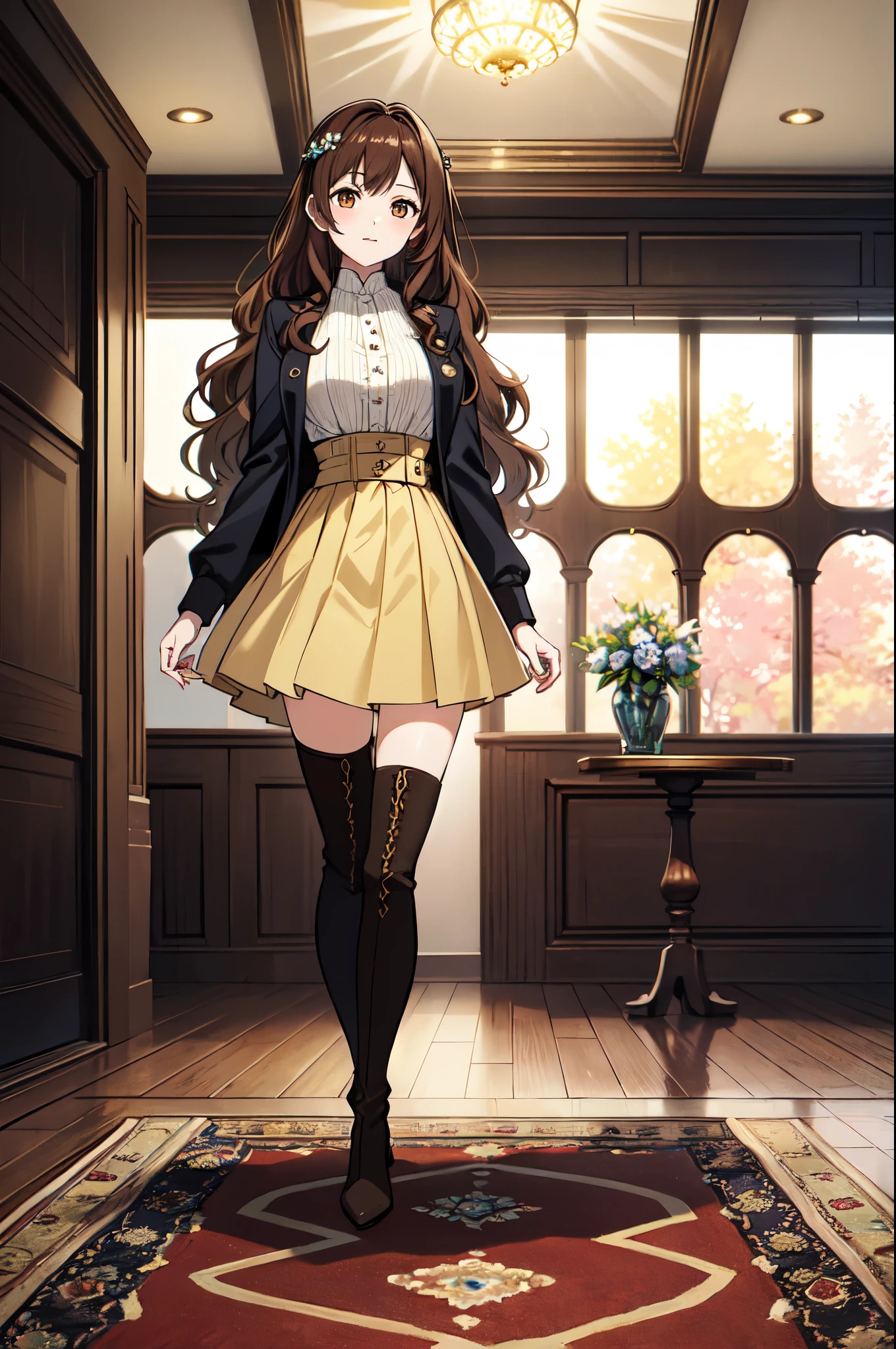 masterpiece, 32k, extremely detailed, finely detail, intricate details,
BREAK
(absurdres:1.1, highres:1.1, ultra detailed:1.1),
insanely detailed, absurdres,
(high resolution:1.1, ray tracing:1.1, refraction:1.1)
(1 female, 独奏:1.3),
BREAK
perfect symmetrical face, ((Wavy Hair)), (((Casual wear))), jacket, Brown Hair, ((Knee-high boots))
BREAK
(((full body))), standing,
BREAK