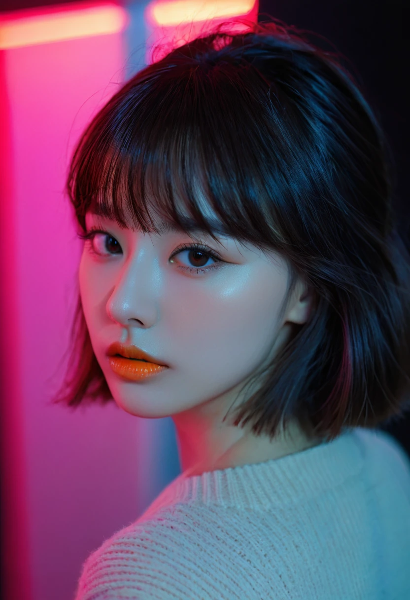 8k, best quality, 1 Girl, (Skin Indentation), night, (dark), Indoor clear background, (people), Beautiful bangs, Gorgeous,, (Clothing and:1.3),Soft lighting, attractive, dark Room, (mouth close:1.2, beautiful eyes, Delicate eyes, Detailed iris, Beautiful lips, Beautiful nose, Pretty Face),(primary color:1.5)，(Ambient Light:1.5)，(Neon light:1.8)