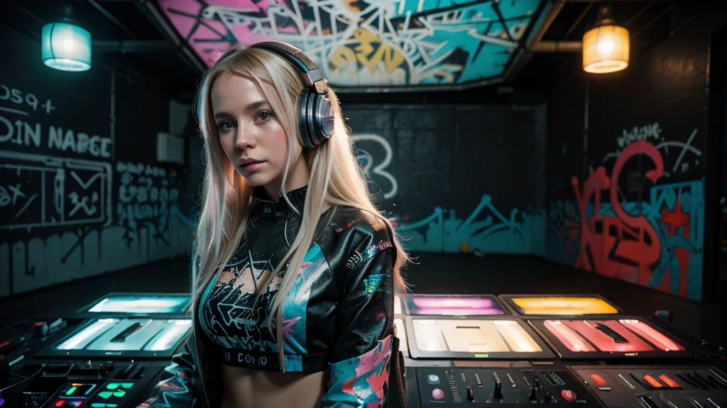 A close-up portrait of a charming albino girl, a DJ in the style of Anna Dittman, by Jeremy Mann, dressed in futuristic attire. The painting is executed in the manner of Gustave Moreau, with a resolution of 32 pixels. The girl is standing at the DJ console, wearing headphones, and is dancing to music. The background features a wall covered in graffiti and neon core, with colors that glow in the darkness, reminiscent of the Glowwave style. Aesthetically, the painting is reminiscent of vintage style.