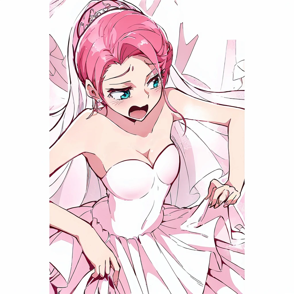 anime girl in a wedding dress with a pink hair and a veil, Anime princess, in dress, Sakura Haruno in slug sage mode, sakura haruno, haruno sakura, evil princess, in an anime style, in anime style, betty cooper, official fanart, my dress up darling anime, delicate androgynous prince, official art, gainax anime style, sexy girl, surprise girl, rosy cheeks, sassy girl, serious face, boy with a mean face, garota sensuous, big boobies, ((huge boobies)) beautiful breasts, detailedeyes, 8K eyes, wearing sexy dress, white lace dress, big boobies, sexy girl, sensuous