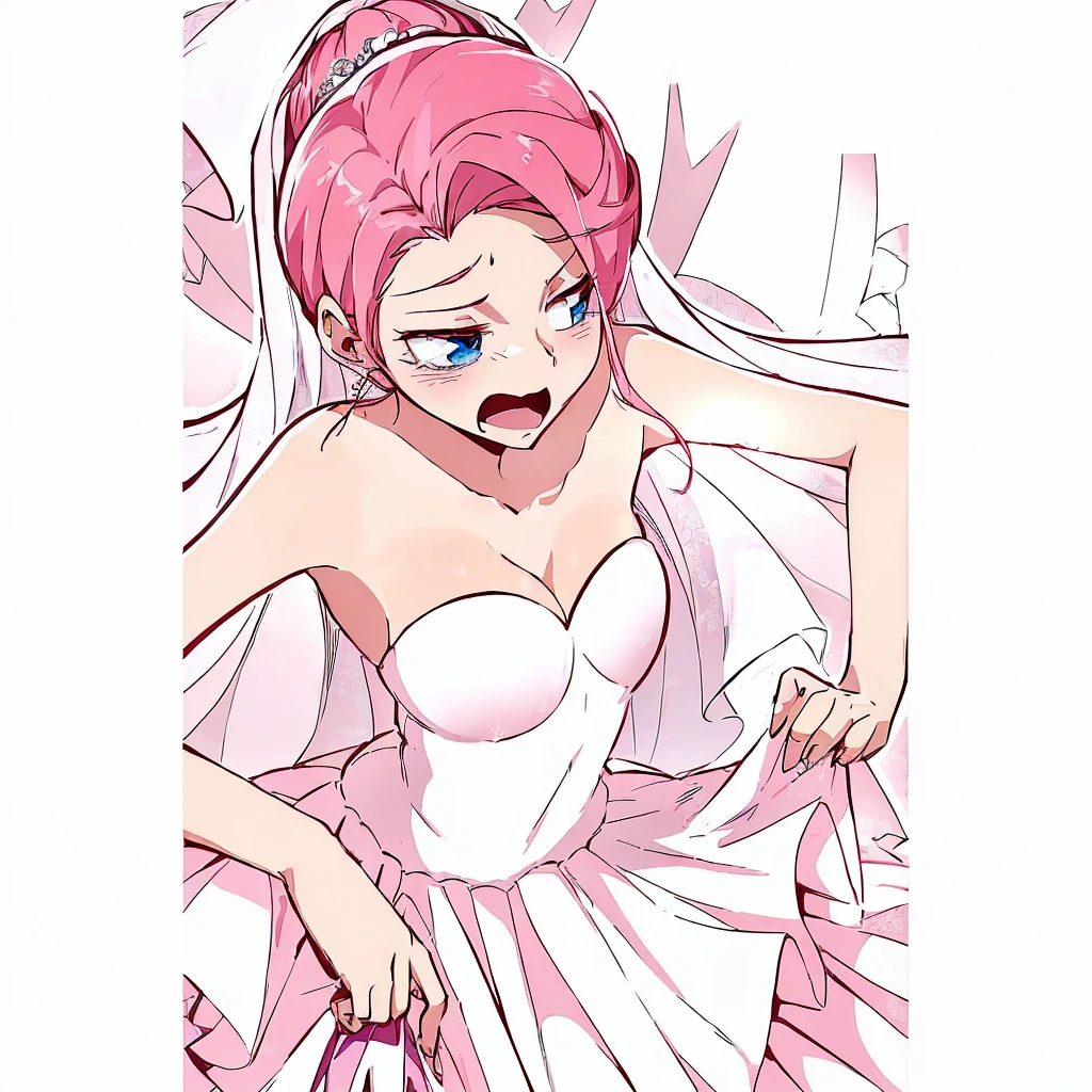 anime girl in a wedding dress with a pink hair and a veil, Anime princess, in dress, Sakura Haruno in slug sage mode, sakura haruno, haruno sakura, evil princess, in an anime style, in anime style, betty cooper, official fanart, my dress up darling anime, delicate androgynous prince, official art, gainax anime style, sexy girl, surprise girl, rosy cheeks, sassy girl, serious face, boy with a mean face, garota sensuous, big boobies, ((huge boobies)) beautiful breasts, detailedeyes, 8K eyes, wearing sexy dress, white lace dress, big boobies, sexy girl, sensuous