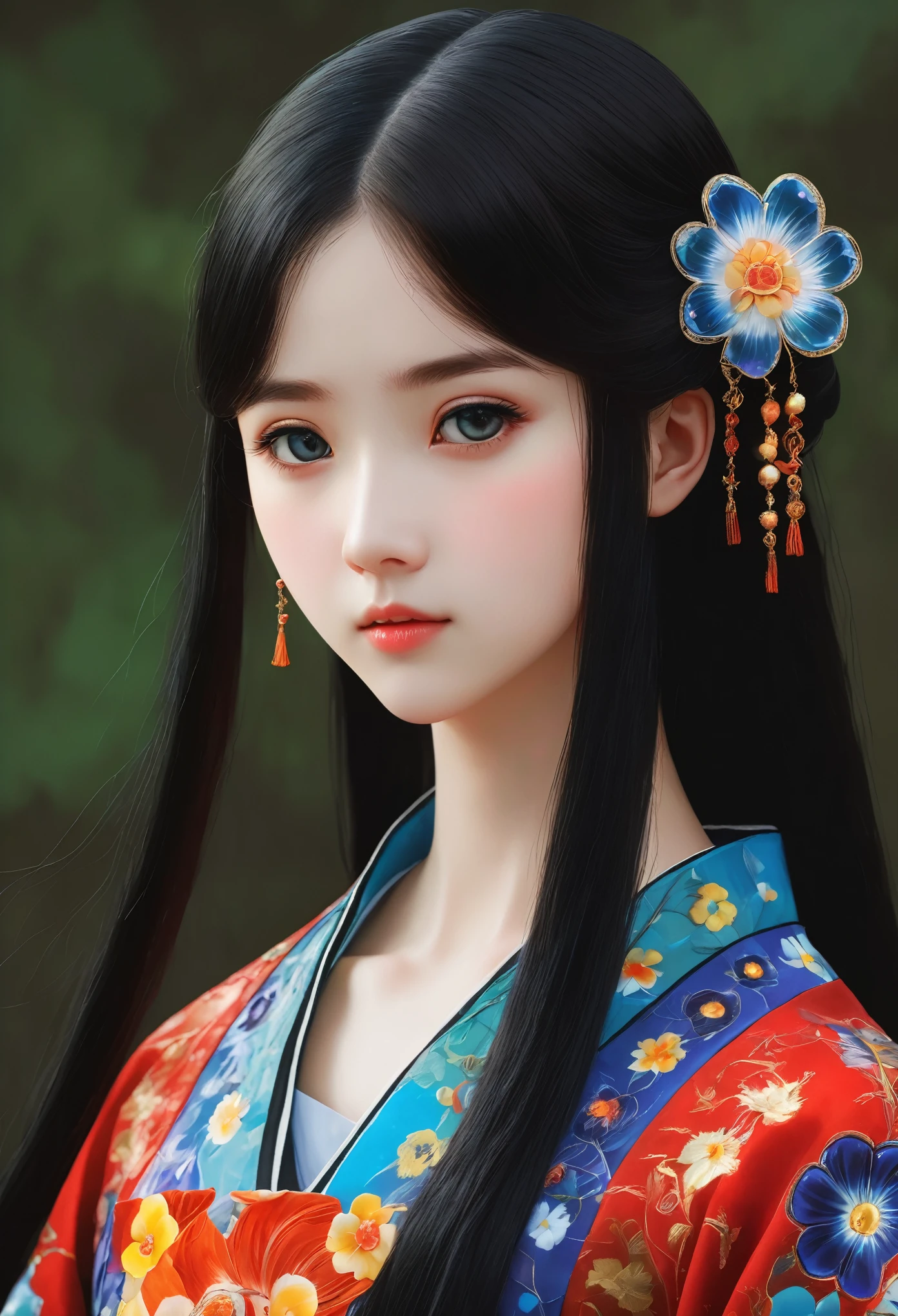 Millefiori glass style,A girl ,Pale skin,Very long hair, Black straight hair. big、Black eyes , With a strong and mysterious expression. Dressed in orphan clothing style, More elegant and refined, Something that matches her mysterious and strong personality. comprehensive, Her presence will attract attention, Attract curious and inquisitive eyes. flat chest, movie lighting, Chromatic Aberration, Backlight, masterpiece, High Detail, high quality, 4k.