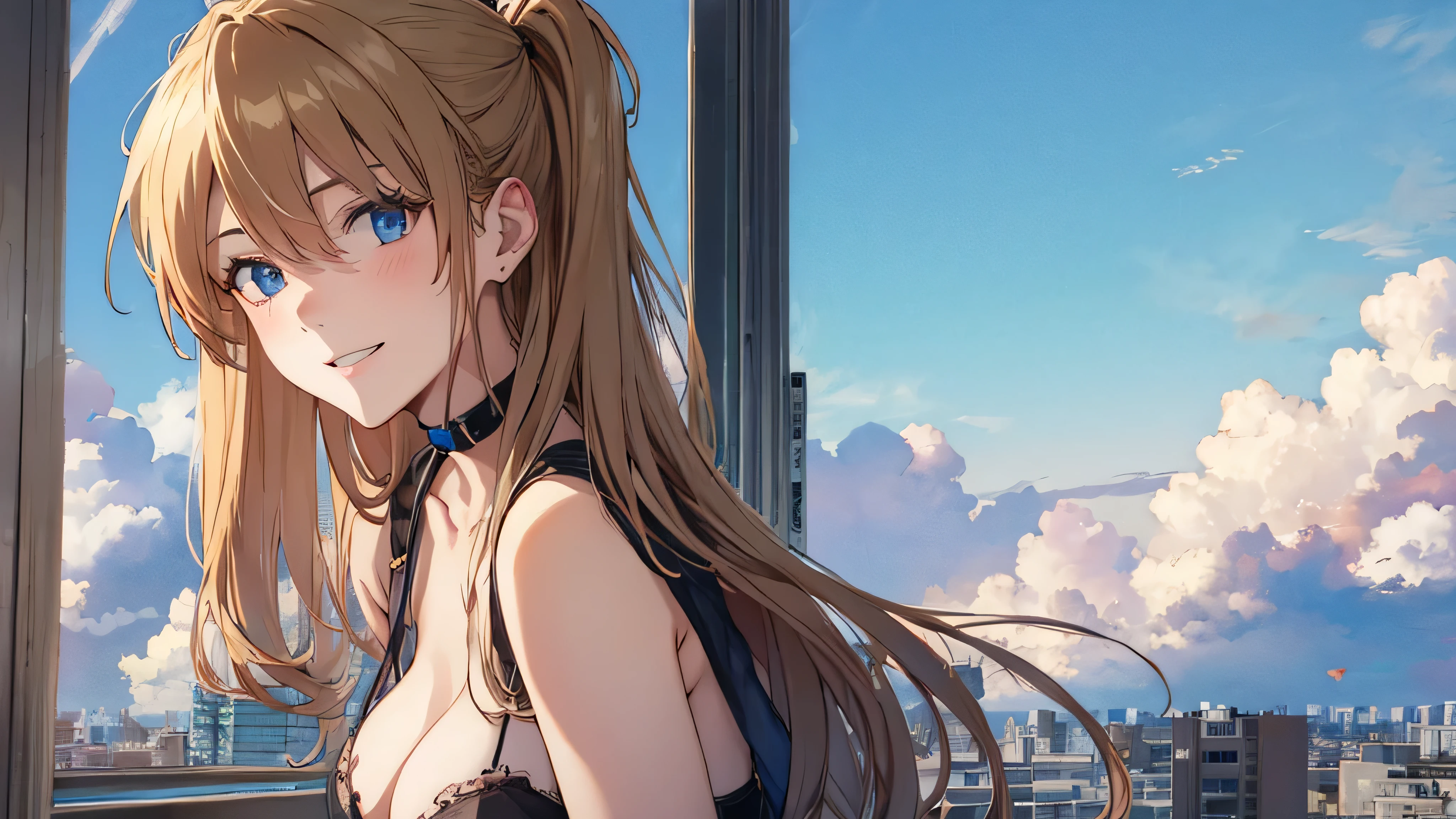 soles, masterpiece, 1 person, solo,Asuka Langley,  hair inhalation, face up, blue sky, glow white particle, (sidelighting:1.2), sun rise , pink cloud, detailed clouds, slender, Lovely small exposed breasts, super cute smile with teeth, red cheek, blushing, beautiful hair, deep shiny blue eyes, cute girly pause, Draw breasts inward and push them up, cleavage, choker, pink see-through blouse , blue tie, blue red with naughty white frills , white belt, on the roof of building, super detailed beautiful city view background, wide shot, full shot