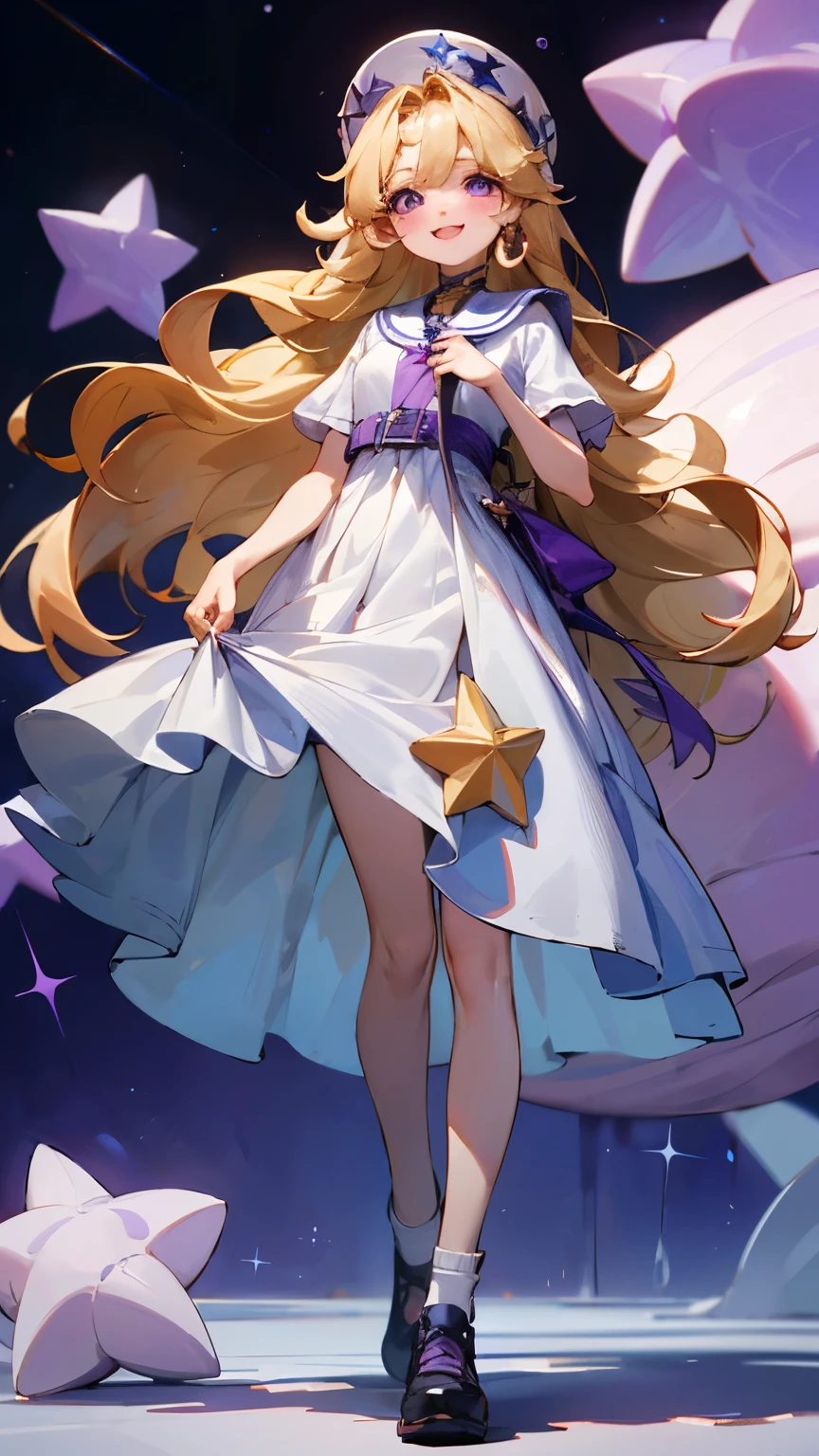 ((최고의 품질)), ((걸작)), (상세한), 9  girl with long blonde hair and purple eyes with a purple lollipop and a pastel purple and white dress with black buckled shoes smiling and standing onna purple star