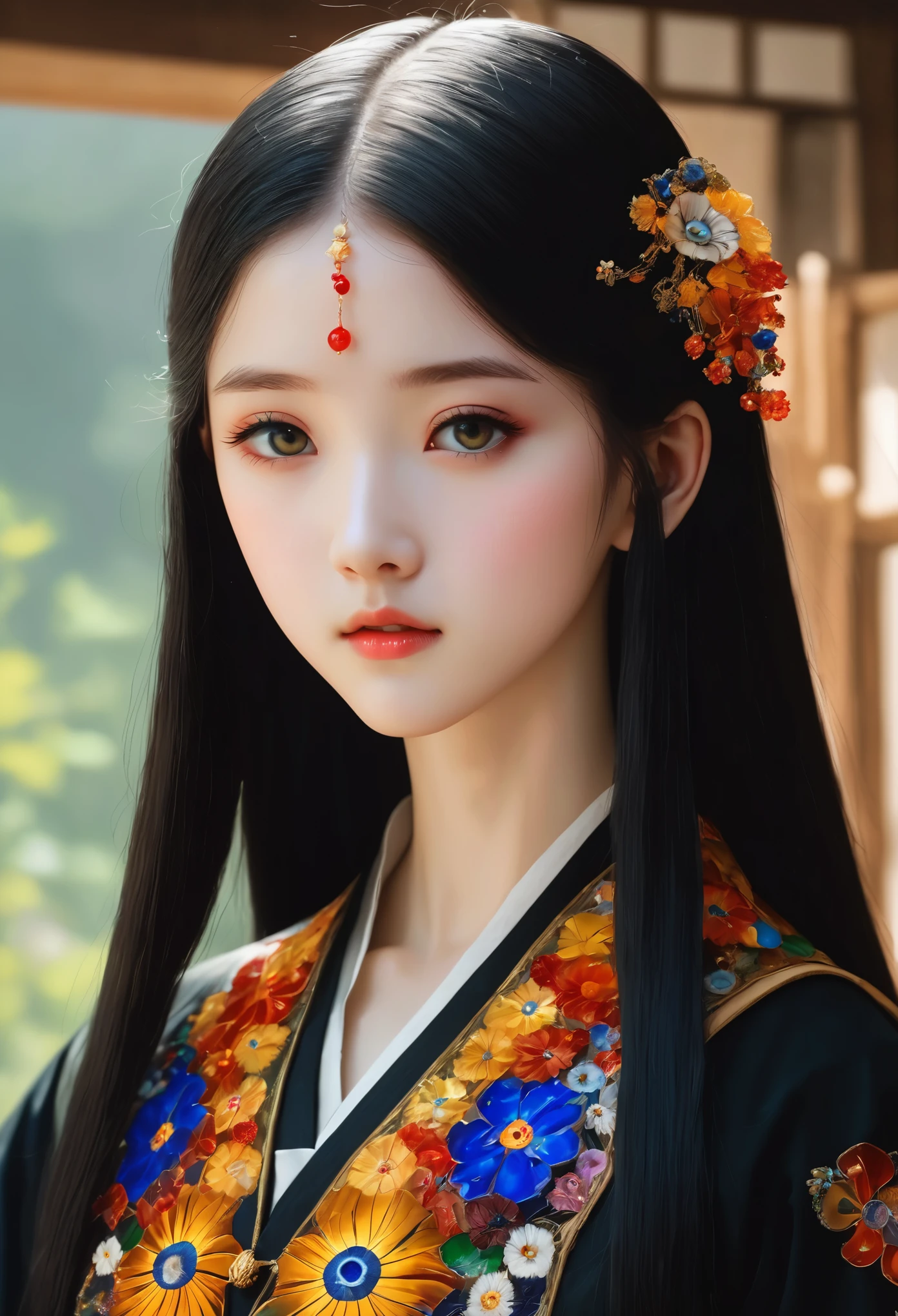 Millefiori glass style，A girl around 13 years old，Pale skin，Very long hair, Black straight hair. big、Black eyes , With a strong and mysterious expression. Dressed in orphan clothing style, More elegant and refined, Something that matches her mysterious and strong personality. comprehensive, Her presence will attract attention, Attract curious and inquisitive eyes. flat chest, movie lighting, Chromatic Aberration, Backlight, masterpiece, High Detail, high quality, 4k.
