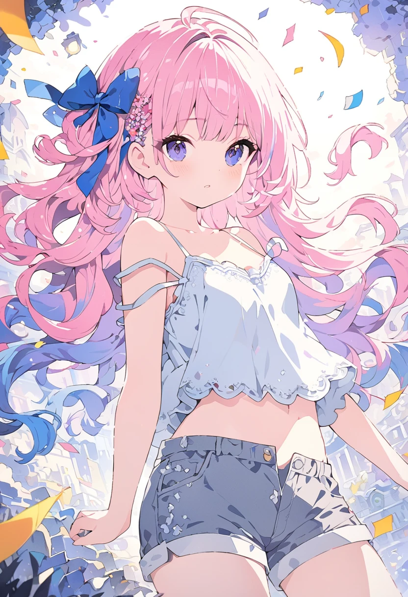 Momoko Sakura Style、8K quality、Intense watercolor,, Watercolor splash, Surreal, Avant-garde pop art, Beautiful and expressive paintings, Beautiful artwork illustration, Very colorful tones, wonderful, Cool Beauty, Highest quality、Official Art, Vector art, Stylish design, (((The most beautiful girl))), (Confetti),((Thin legs))、(((Highest quality))), High resolution, ((detailed)), (((Doodle Art)), ((masterpiece)), ((Super detailed)),(((camisole,Shorts))),,((Sexual))