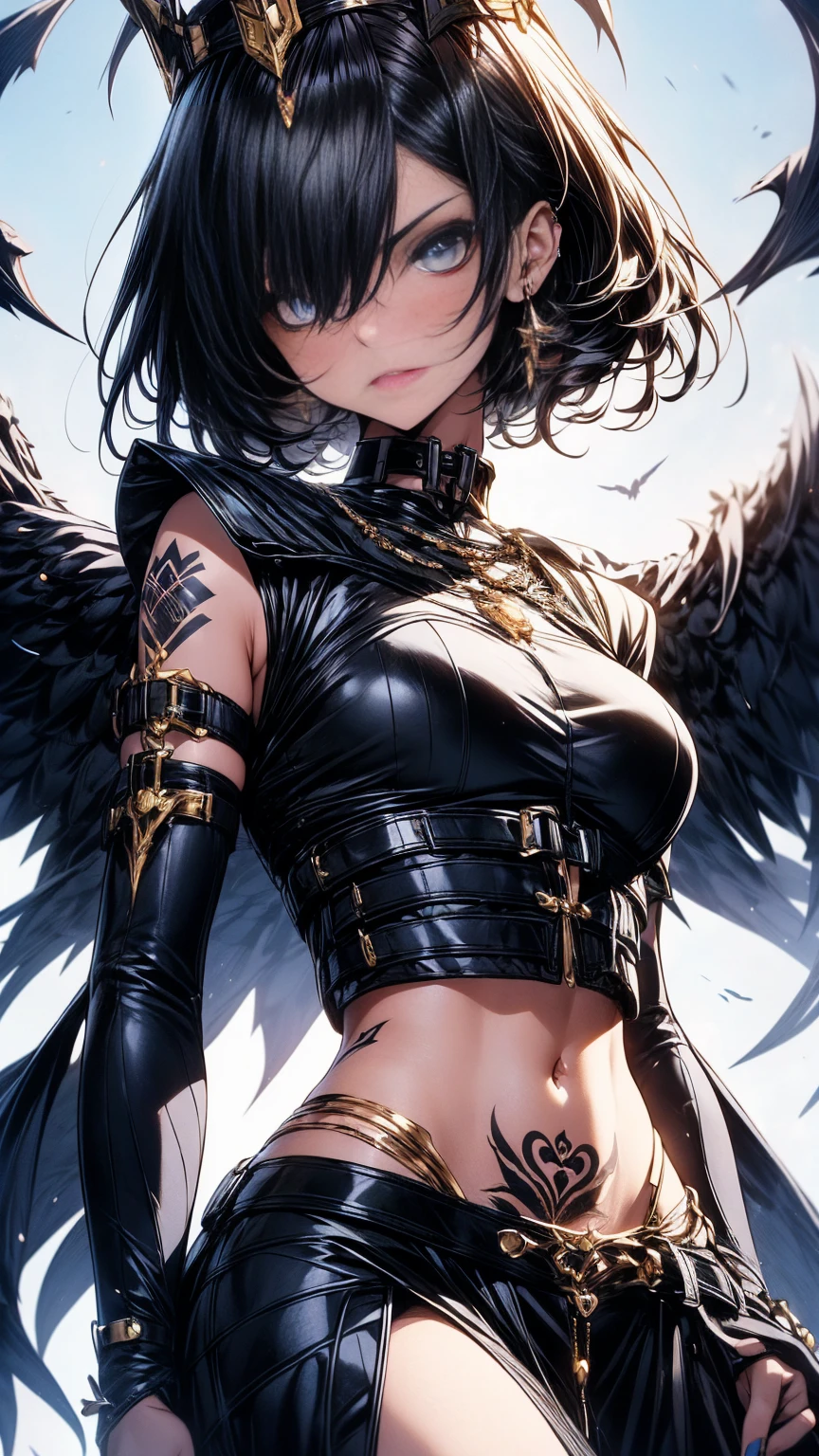 Generate a detailed image of a woman with short black hair highlighted with blue accents, having intense sky-blue eyes adorned with black makeup. Her lips are painted in a soft shade of red. She wears a semi-armor in black on her upper body, complemented by a black dress with a side slit at the lower part. Her fair skin showcases tattoos on her hip. The woman is in black heels with a scale pattern, and she wears a detailed crown featuring short black spikes. She also sports a blue cape with intricate black and golden embroidery. The scene is set in a gallery with a dark background, beautifully illuminating her figure, and she presents a slightly angry expression, posing with a mix of sexiness and regal presence, full body, various poses