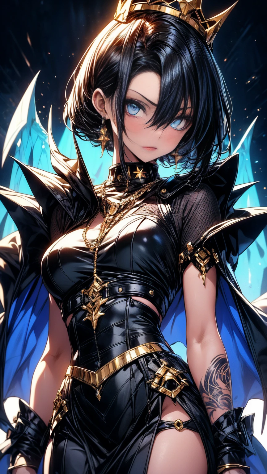 Generate a detailed image of a woman with short black hair highlighted with blue accents, having intense sky-blue eyes adorned with black makeup. Her lips are painted in a soft shade of red. She wears a semi-armor in black on her upper body, complemented by a black dress with a side slit at the lower part. Her fair skin showcases tattoos on her hip. The woman is in black heels with a scale pattern, and she wears a detailed crown featuring short black spikes. She also sports a blue cape with intricate black and golden embroidery. The scene is set in a gallery with a dark background, beautifully illuminating her figure, and she presents a slightly angry expression, posing with a mix of sexiness and regal presence, full body, various poses