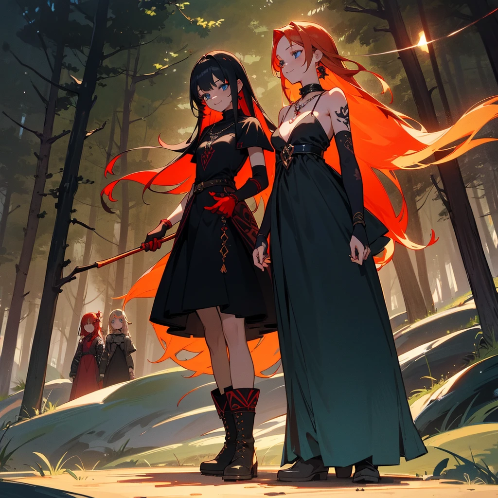 a group of beautiful witch girls in the middle of a forest in the night, tribal tattoo ,multiple girls, five girls, red and blonde hair , standing girl young girl, gloves, elbow pads, boots, smiles, small breasts, long black dress, necklaces, jewelry decorations , red hair , black hair , blonde hair, blue eyes, full body,