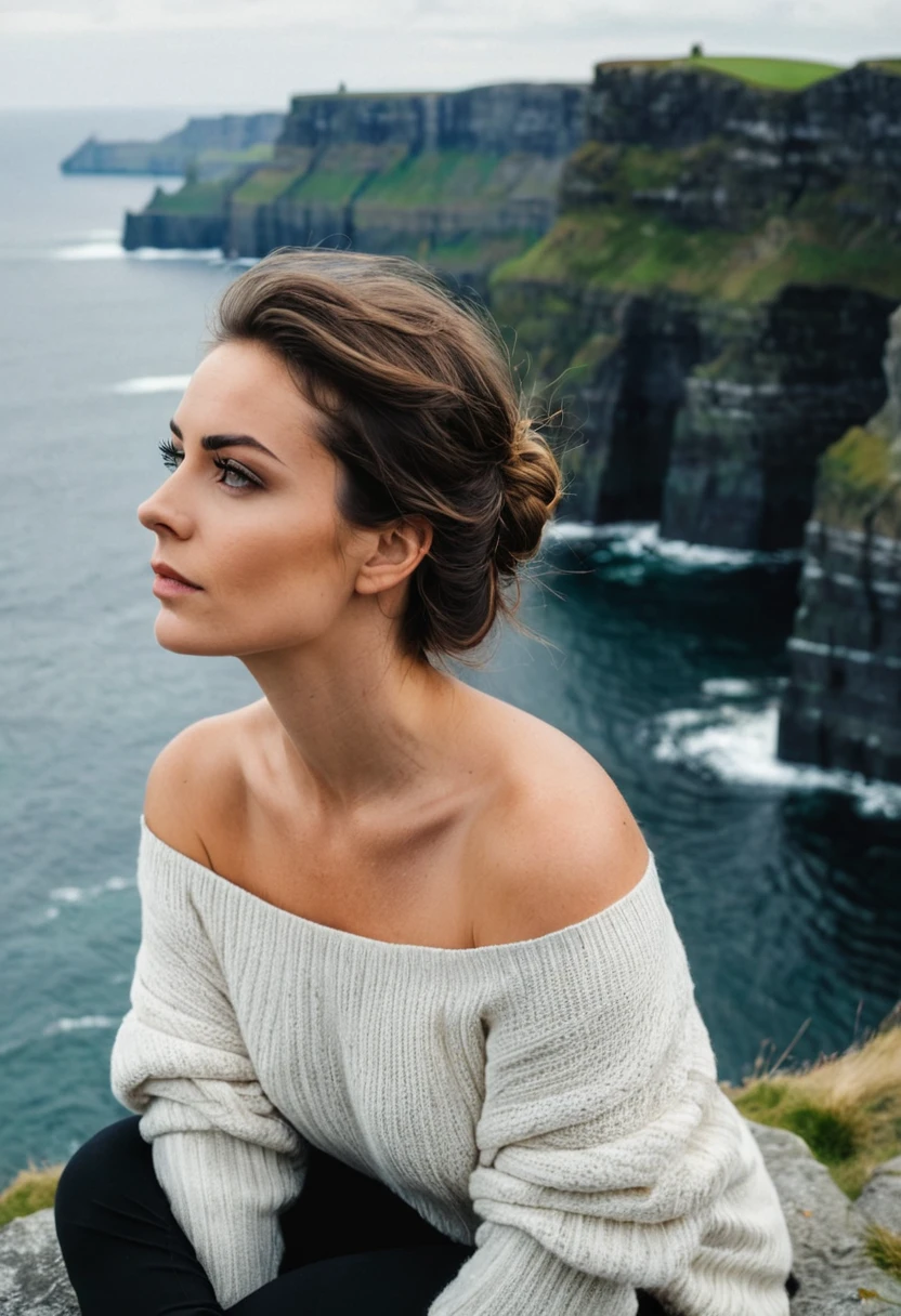 beautiful brunette, wavy brown hair in a loose bun, ((full eyebrows with subtle microblading)), (((contemplative pose, sitting on the edge of a cliff, look lost in the horizon))). from front view (((at the Cliffs of Moher, Ireland, with the Atlantic Ocean in the background))). highy detailed, 20 year, ((brown eyes with pronounced limbal rings)). (((Nose with straight back, slightly rounded tip, harmonious proportion with the face, symmetrical and refined nostrils))). ((Medium, well-defined lips, soft cupid's bow, natural redness around the edges, smooth texture with visible hydration)). high resolution, work of art. Pele realista Fitzpatrick VI, visible dermatoglyphics on the chin, mild post-inflammatory hyperpigmentation. ((Wearing a thick wool sweater and jeans)). excellent quality, extremely detaild, sharp focus, 4K, ((tiro Canon EOS R6, 70-200mm f/2.8 L IS III USM @ 135mm)), Cinema EOS color vision. slenderbody, photoshot_(ultra), photoshotrrealismo, 8k hd, photoshotgrafia (film grain) medium shot for filming (((diffuse light on a cloudy day, with gentle gusts of wind))) Em primeiro plano
