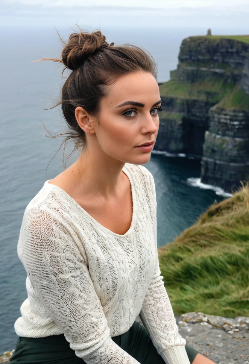 beautiful brunette, wavy brown hair in a loose bun, ((full eyebrows with subtle microblading)), (((contemplative pose, sitting on the edge of a cliff, look lost in the horizon))). from front view (((at the Cliffs of Moher, Ireland, with the Atlantic Ocean in the background))). highy detailed, 20 year, ((brown eyes with pronounced limbal rings)). (((Nose with straight back, slightly rounded tip, harmonious proportion with the face, symmetrical and refined nostrils))). ((Medium, well-defined lips, soft cupid's bow, natural redness around the edges, smooth texture with visible hydration)). high resolution, work of art. Pele realista Fitzpatrick VI, visible dermatoglyphics on the chin, mild post-inflammatory hyperpigmentation. ((Wearing a thick wool sweater and jeans)). excellent quality, extremely detaild, sharp focus, 4K, ((tiro Canon EOS R6, 70-200mm f/2.8 L IS III USM @ 135mm)), Cinema EOS color vision. slenderbody, photoshot_(ultra), photoshotrrealismo, 8k hd, photoshotgrafia (film grain) medium shot for filming (((diffuse light on a cloudy day, with gentle gusts of wind))) Em primeiro plano