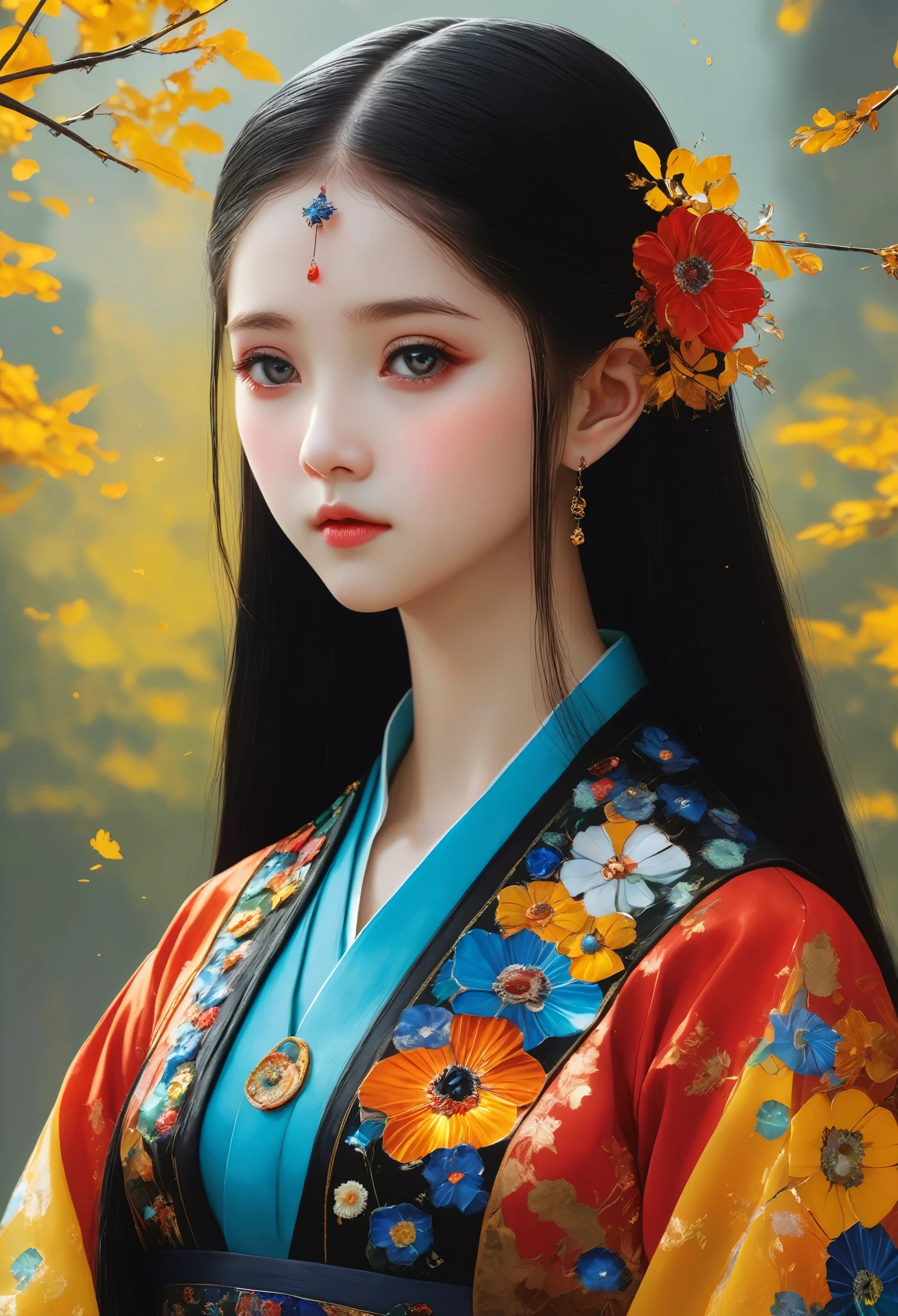 Millefiori glass style，A girl around 13 years old，Pale skin，Very long hair, Black straight hair. big、Black eyes , With a strong and mysterious expression. Dressed in orphan clothing style, More elegant and refined, Something that matches her mysterious and strong personality. comprehensive, Her presence will attract attention, Attract curious and inquisitive eyes. flat chest, movie lighting, Chromatic Aberration, Backlight, masterpiece, High Detail, high quality, 4k.
