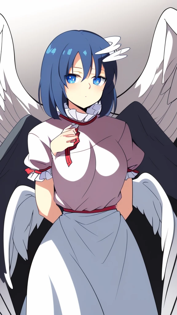 (best quality,4k,8k,highres,masterpiece:1.2), (Female angels:1.8), (angel girl:1.2), ultra-detailed, highly detailed texture, intricate details, high quality textures, a cute teenage angel with blue eyes, drawn in anime style, 1girl, , , 10 years old, medium blue hair, hair flaps, pink ribbon on head, well-formed face, blue eyes, angel girl, white blouse, puffy short sleeves, red ribbon, angel wings, long white skirt, red shoes, frills, ribbon head, A pair of angel wings on the back, clean line drawings, cute