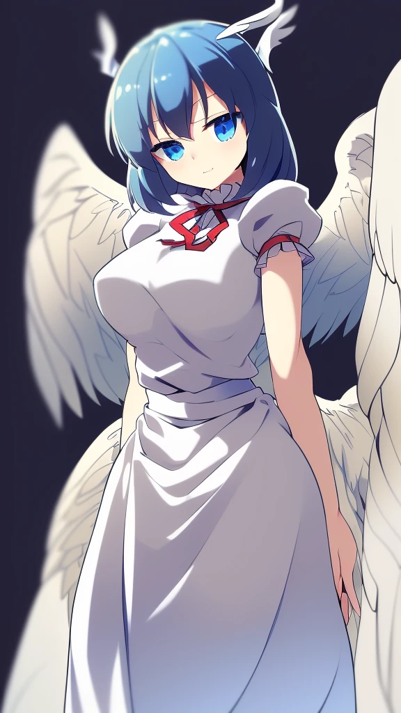 (best quality,4k,8k,highres,masterpiece:1.2), (Female angels:1.8), (angel girl:1.2), ultra-detailed, highly detailed texture, intricate details, high quality textures, a cute age angel with blue eyes, drawn in anime style, 1girl, , , 10 ydium blue hair, hair flaps, pink ribbon on head, well-formed face, blue eyes, angel girl, white blouse, puffy short sleeves, red ribbon, angel wings, long white skirt, red shoes, frills, ribbon head, A pair of angel wings on the back, clean line drawings, cute
