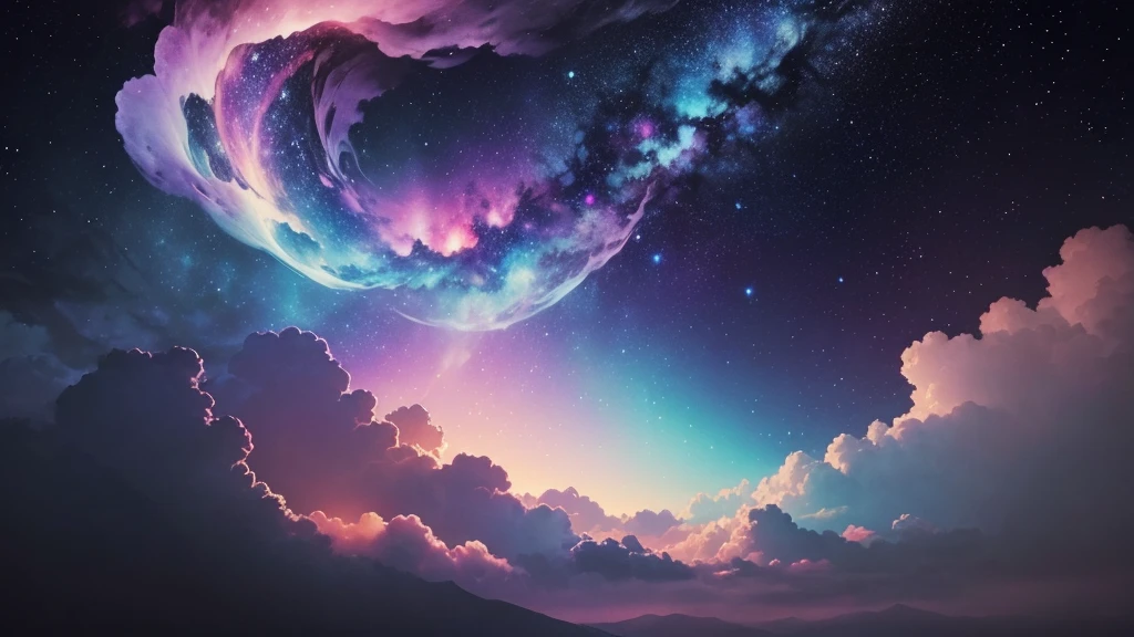 A creative and artistic starry background., painted in watercolor style. The night sky is full of bright stars, with soft mixes of colors like deep blue, purple and touches of pink. The nebulae flow delicately, creating an ethereal and dreamlike feeling. The edges of the image have textured brush strokes., characteristics of the watercolor technique. The image must maintain a professional and elegant aesthetic., Suitable for artistic presentations or backgrounds for creative projects..
