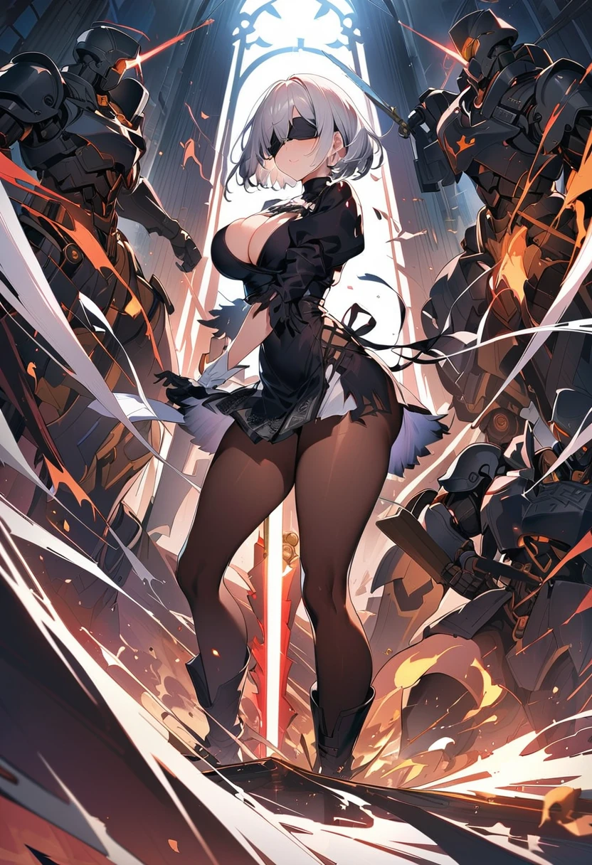 2B Nier Automata,masterpiece, 最high quality, High resolution,  Black torn clothes 、Black Pantyhose、Dark church at night、Wear a miniskirt、Thin legs、Big Breasts、Slim figure、high quality　CG Tone、Gray Hair、Black blindfold、Short Bob、Surrounded by mechanical soldiers、Fighting mechanical soldiers、stylish、Japanese sword