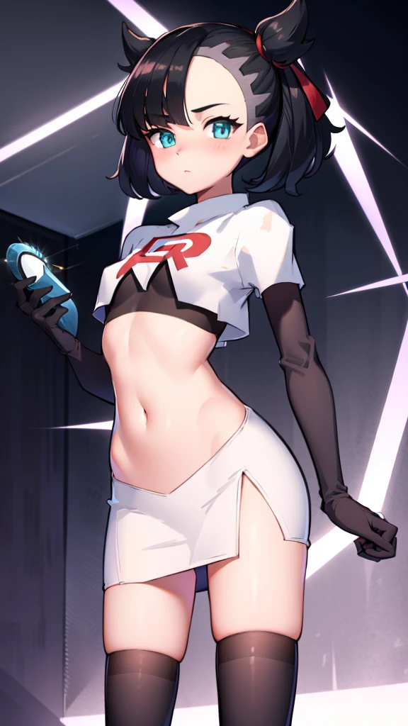 pokemon marnie, pokemon marnie, Green eyes, black fur, short hair, of collections, (small breasts:1.2),
Team Rocket,Team Rocket uniform, red letter R, White skirt,White crop top,black thigh high stockings,black elbow length gloves BREAK looking at viewer,
BREAK (Masterpiece:1.2), Best Quality, high resolution, unity wallpaper 8k, (illustration:0.8), (Beautiful detailed eyes:1.6), extremely detailed face, perfect lighting, Extremely detailed CG, (perfect hands, perfect anatomy),(a Pokeball in his hand)( black panty)( blushing and afraid)