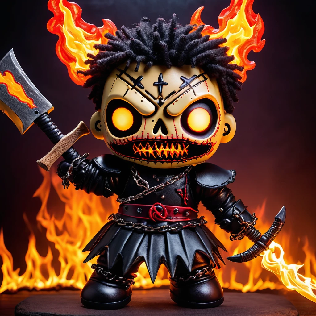 (knitted toy voodoo doll:1.5), (Voodoo Hellish Executioner:1.3), (Clothing: blackened leather armor with infernal sigils:1.0), (Accessories: enchanted flaming axe emitting a demonic glow, floating chains:1.1), (background: dark, fiery inferno with burning pyres, screaming souls, and an atmosphere of eternal damnation:1.2), best quality, masterpiece, detailed soft oil painting, detailed background, dramatic cinematic lighting, soft edge lighting, professional, dramatic lighting, hard edge lighting, ultra quality, 4k, masterpiece, best quality, 8k, ultra high definition, high resolution, extremely detailed