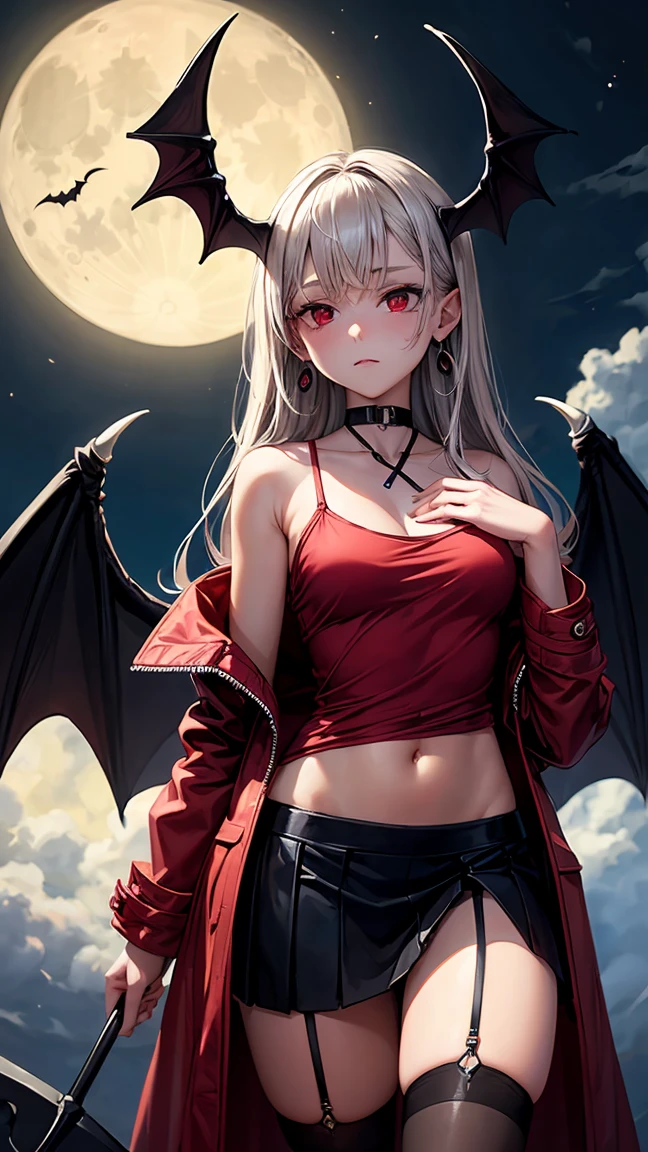 (Highest quality,Very detailed,High resolution:1.2),One Girl,Gray Hair,The most beautiful girl in human history,He has a big kiln like the Grim Reaper.,暗い red eyes (暗いred eyes:1.1),暗い aura(aura:1.1),(mysterious,Ghostly:1.1) atmosphere,Looks like half a demon,(Demonic traits,Devilish Features),(Elaborate,Brilliant) Earrings,Small Ass,Black Stockings,mini skirt,Red camisole,Long coat,Grim Reaper-like Appearance,Has huge bat-like wings,A big full moon shines in the dark night sky