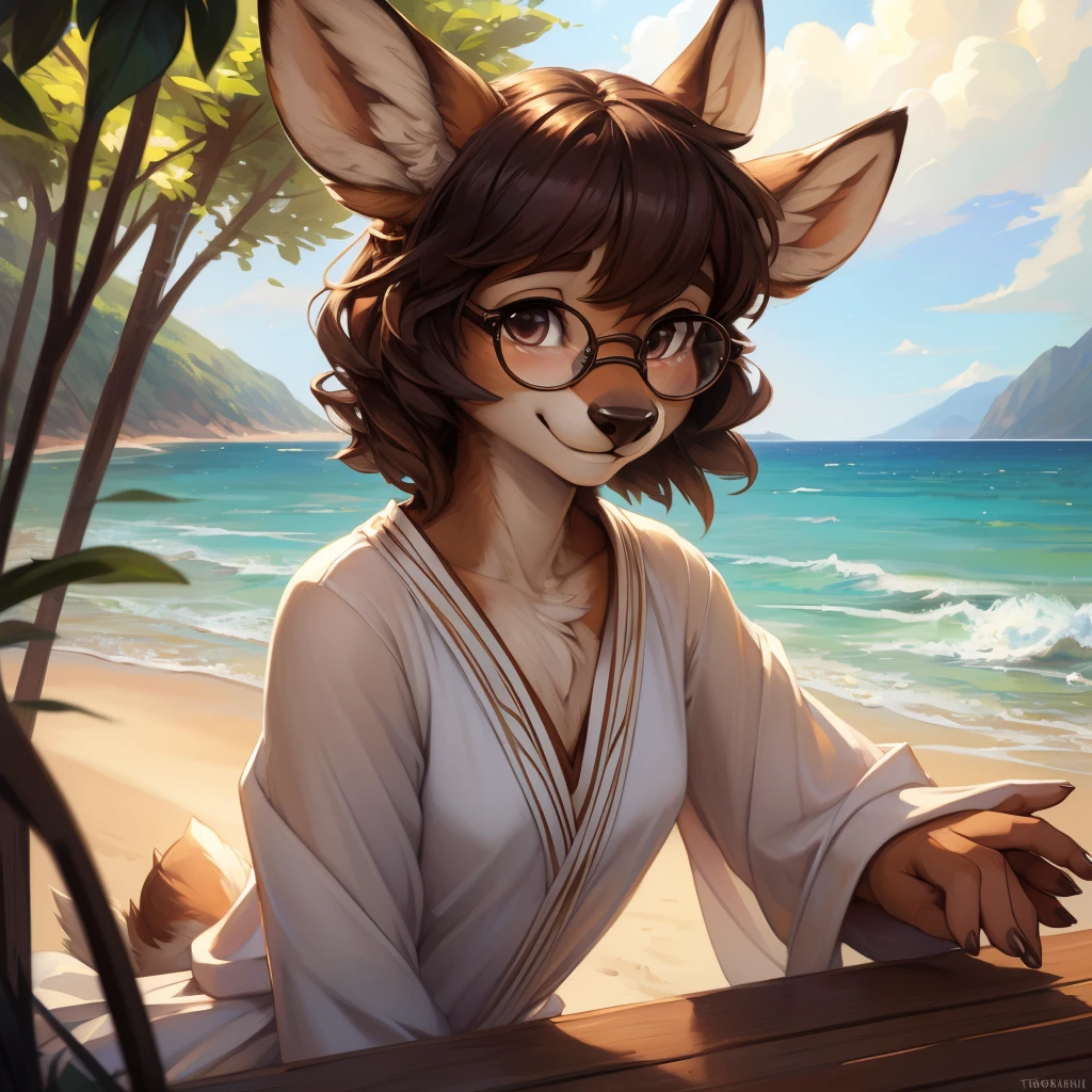 uploaded on e621, by Pixelsketcher, by Bayard Wu, by Thomas Benjamin Kennington , by Einshelm, by hioshiru and kenket, Chunie, portrait, solo anthro female deer doe, with small featureless breasts, clear dark blue, cinematic lighting, day, sunny day, beach, stays in the sea, sea background, mediterranean background, horizon background, shiny, short curly dark brown hair, wears big black nerd glasses, very very beautiful furry art, furry art, smiling, joyful, shiny, happy, feminine, cute face, muzzle, fluffy chest, flawless face, Fallow deer, 1girl, Sakimichan is beautiful, Masterpiece, Wavethesallow Face, shiny, Detailed image, portrait, Detailed image, portrait, full body, wearing wide, long, white blouse, shiny, realistic face, perfect anatomy, hourglass body, (furry body:1.1), anthropomorphic deer, small fluffy tail, detailed background, (cute anatomy:1.1), windy, smiling, very happy, happy
