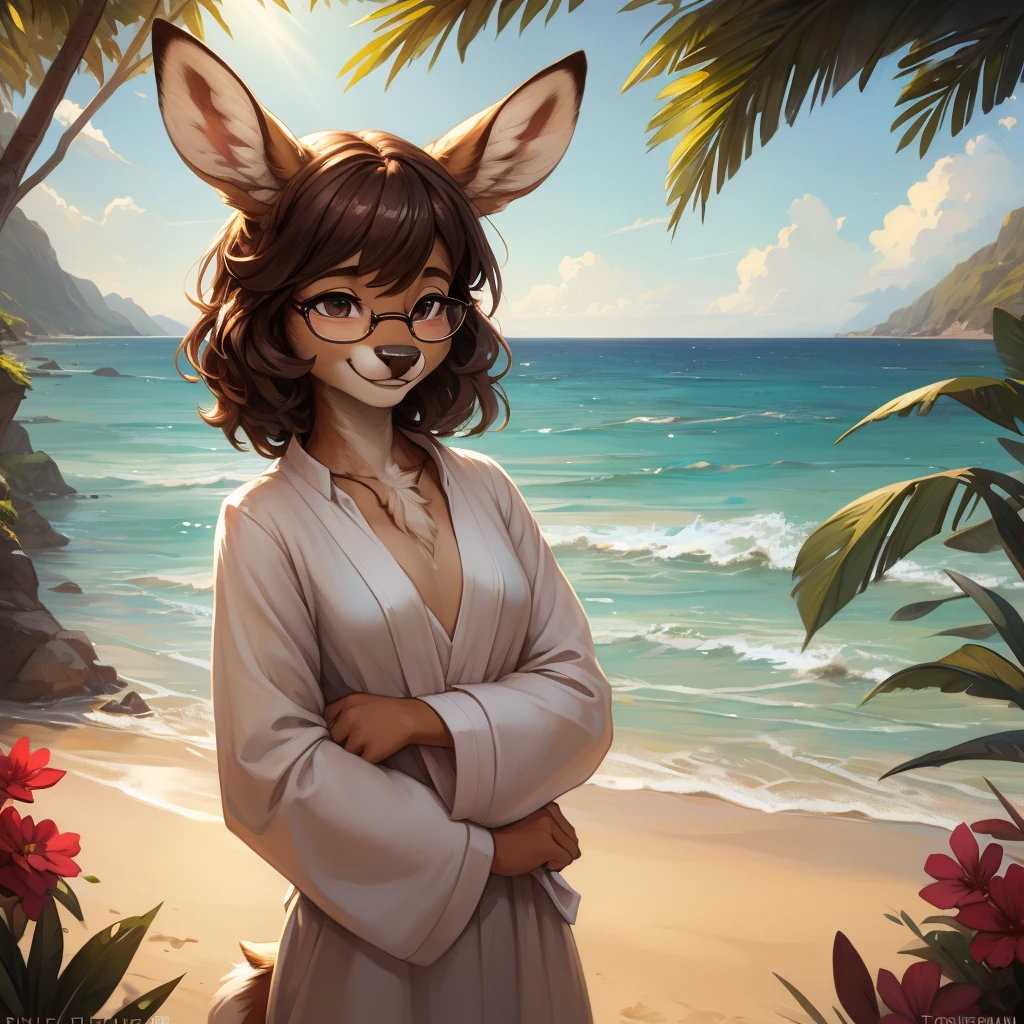 uploaded on e621, by Pixelsketcher, by Bayard Wu, by Thomas Benjamin Kennington , by Einshelm, by hioshiru and kenket, Chunie, portrait, solo anthro female deer doe, with small featureless breasts, clear dark blue, cinematic lighting, day, sunny day, beach, stays in the sea, sea background, mediterranean background, horizon background, shiny, short curly dark brown hair, wears big black nerd glasses, very very beautiful furry art, furry art, smiling, joyful, shiny, happy, feminine, cute face, muzzle, fluffy chest, flawless face, Fallow deer, 1girl, Sakimichan is beautiful, Masterpiece, Wavethesallow Face, shiny, Detailed image, portrait, Detailed image, portrait, full body, wearing wide, long, white blouse, shiny, realistic face, perfect anatomy, hourglass body, (furry body:1.1), anthropomorphic deer, small fluffy tail, detailed background, (cute anatomy:1.1), windy, smiling, very happy, happy
