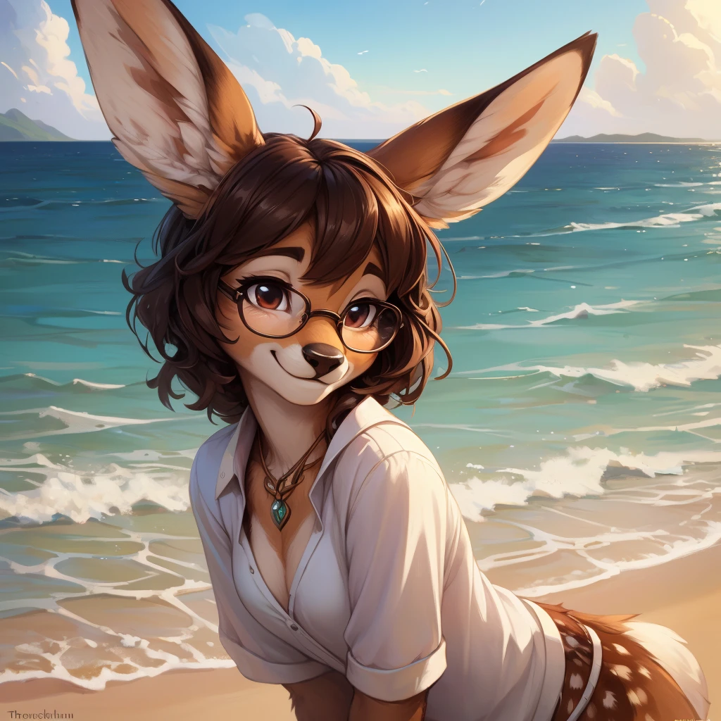 uploaded on e621, by Pixelsketcher, by Bayard Wu, by Thomas Benjamin Kennington , by Einshelm, by hioshiru and kenket, Chunie, portrait, solo anthro female deer doe, with small featureless breasts, clear dark blue, cinematic lighting, day, sunny day, beach, stays in the sea, sea background, mediterranean background, horizon background, shiny, short curly dark brown hair, wears big black nerd glasses, very very beautiful furry art, furry art, smiling, joyful, shiny, happy, feminine, cute face, muzzle, fluffy chest, flawless face, Fallow deer, 1girl, Sakimichan is beautiful, Masterpiece, Wavethesallow Face, shiny, Detailed image, portrait, Detailed image, portrait, full body, wearing wide, long, white blouse, shiny, realistic face, perfect anatomy, hourglass body, (furry body:1.1), anthropomorphic deer, small fluffy tail, detailed background, (cute anatomy:1.1), windy, smiling, very happy, happy
