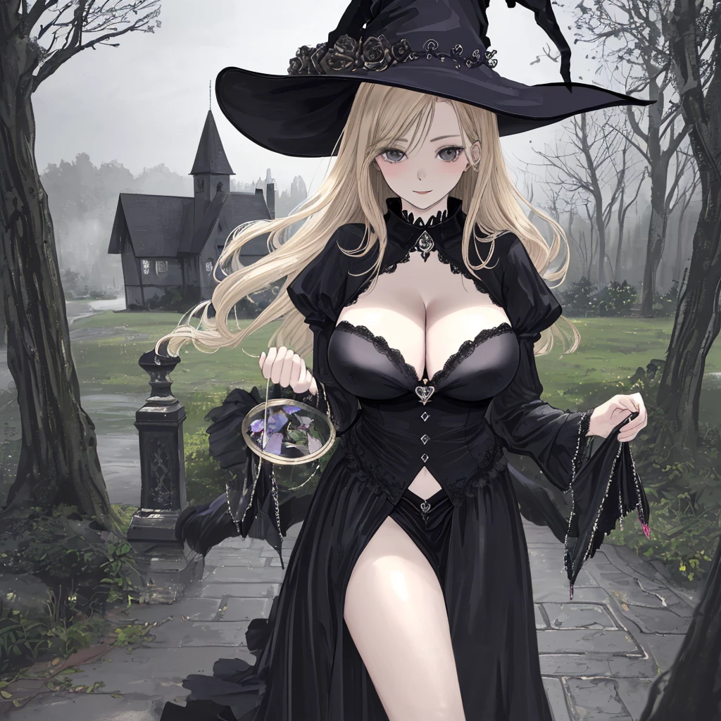 8k ultra HD wallpaper, a beautiful witch with a short skirt, black bra, big breasts