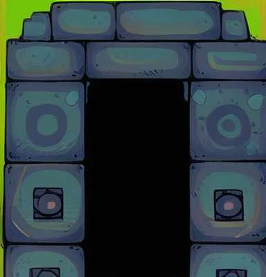 There is a greyish ancient portal with dragon design on its wall.