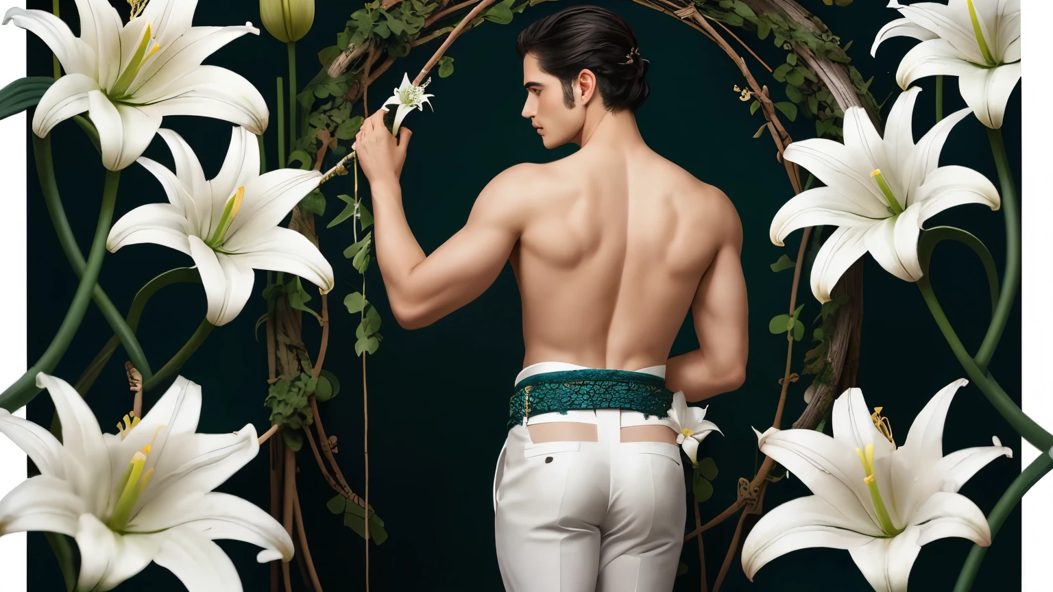 A Greek nymph in elegant bridal clothing based on a white lily and the lily flower, Two thorny vines of white lilies emerge from his back, which he uses as whips along his left arm., He has teal marks on his leg. , wear a belt with the symbol of purity
