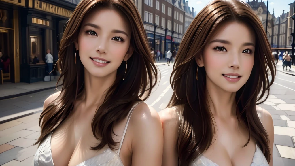 masterpiece, Best quality, Photorealistic, Super detailed, fine details, High resolution, 8K wallpapers, solo beauty, light brown hair, sharp focus, Perfect dynamic composition, Detailed eyes beautiful, detailed hair, realistic detailed skin texture, Smile, self portrait, Pose model, Walking on the streets of London,