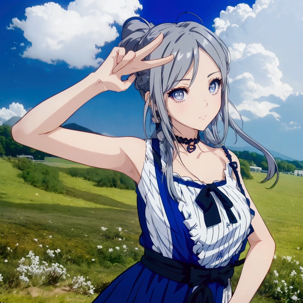 Golden Eyes、Anime girl with gray hair and a blue dress posing in a field, Realistic Anime 3D Style, Realistic young anime girl, Cute 3D anime girl render, Anime Style3D, , April Rendering, Photorealistic Animation girl render, Realistic anime art style, Smooth anime CG art, Anime Style, Live2D Virtual Youtuber Model, Photorealistic Animation