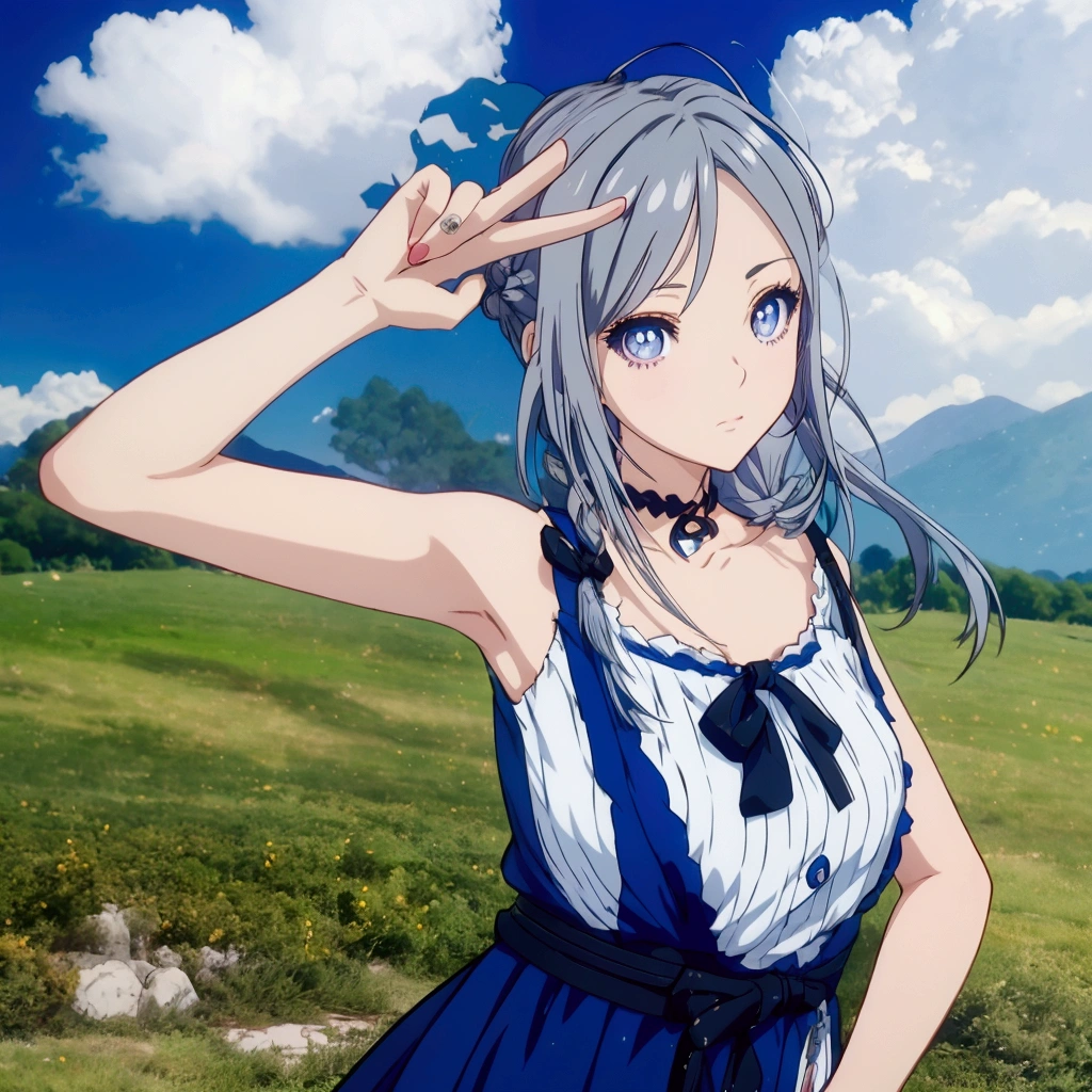 Golden Eyes、Anime girl with gray hair and a blue dress posing in a field, Realistic Anime 3D Style, Realistic young anime girl, Cute 3D anime girl render, Anime Style3D, , April Rendering, Photorealistic Animation girl render, Realistic anime art style, Smooth anime CG art, Anime Style, Live2D Virtual Youtuber Model, Photorealistic Animation
