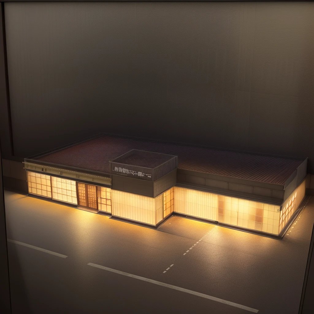 drawing of a Restaurant((Japan style)),((best quality)), real world location,((street )),realistic,(indoor lighting),human, ((intown)),curtain wall, road,glass window, day time,door, center composition,parking,car, sidewalk,3 points perspective,glass panel with reflection efective,billboard with led light.