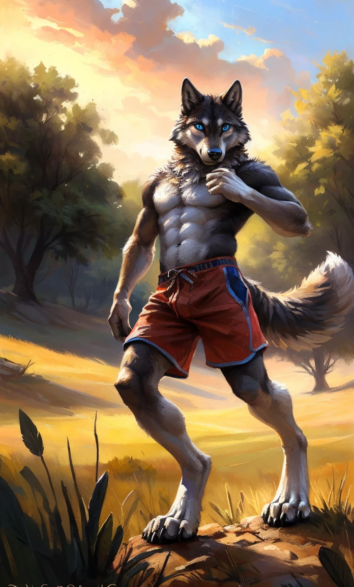 ((Solo)), male people, anthro wolf, (Multi-colored fur, White-brown:1.3,White tail pointed), (Height 2.1m,Tail length 1.2m), ((Wolf face, Big eyes, White eyelids, Blue pupil, Slim:1.2) (Tough, Calm expression:1.2)), Abs, Slim, pinging)), (Correct anatomy), (Work shorts:1.1), The upper body naked, (detailed outfits),A long big tail,Feet,(Realistic fur, Detailed fur texture, labeled:1.3)), (Natural lighting), Photorealistic, Hyperrealistic, ultradetailed, by Kenket,Field,erect through,Running on