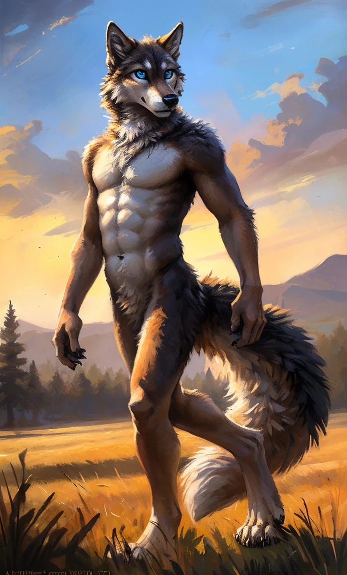 ((Solo)), male people, anthro wolf, (Multi-colored fur, White-brown:1.3,White tail pointed), (Height 2.1m,Tail length 1.5m), ((Wolf face, Big eyes, White eyelids, Blue pupil, Slim:1.2) (Tough, Calm expression:1.2)), Abs, Slim, pinging)), (Correct anatomy), Naked all over the body,A long big tail,Feet,(Realistic fur, Detailed fur texture, labeled:1.3)), (Natural lighting), Photorealistic, Hyperrealistic, ultradetailed, by Kenket,Field,No artifacts