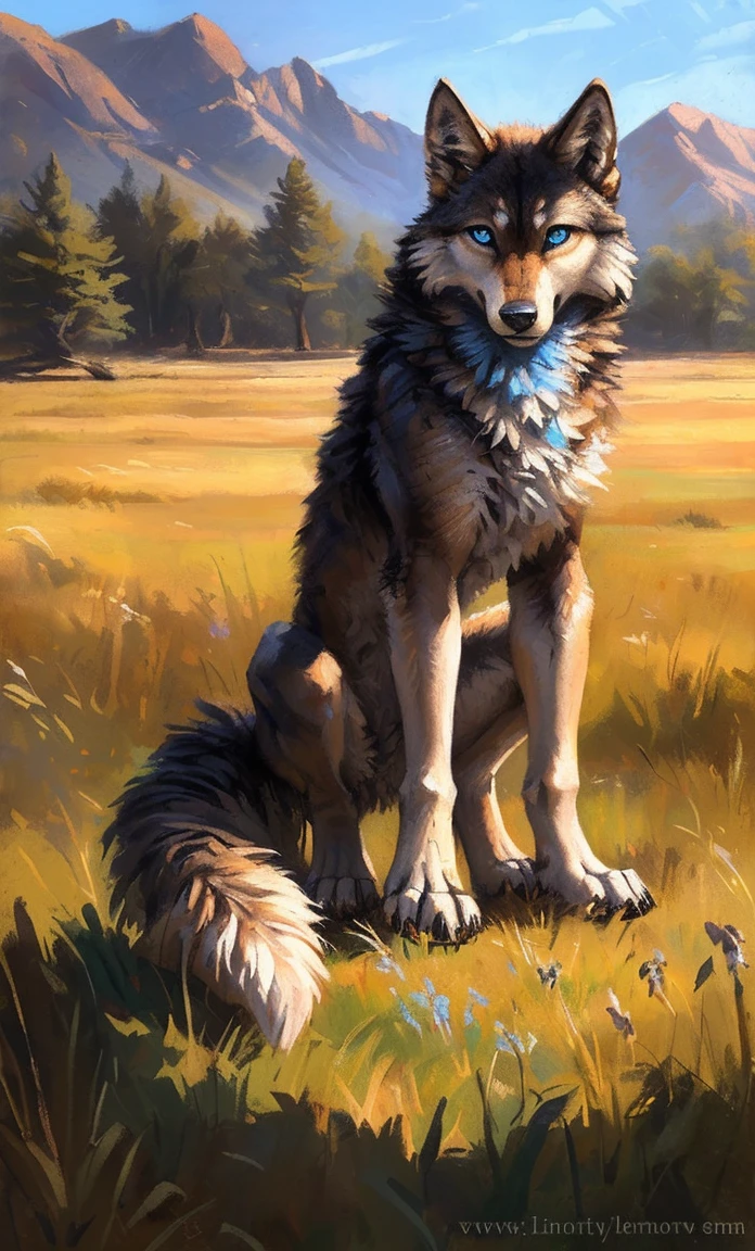 ((Solo)), male people, anthro wolf, (Multi-colored fur, White-brown:1.3,White tail pointed), (Height 2.1m,Tail length 1.5m), ((Wolf face, Big eyes, White eyelids, Blue pupil, Slim:1.2) (Tough, Calm expression:1.2)), Abs, Slim, pinging)), (Correct anatomy), Naked all over the body,A long big tail,Feet,(Realistic fur, Detailed fur texture, labeled:1.3)), (Natural lighting), Photorealistic, Hyperrealistic, ultradetailed, by Kenket,Field,No artifacts