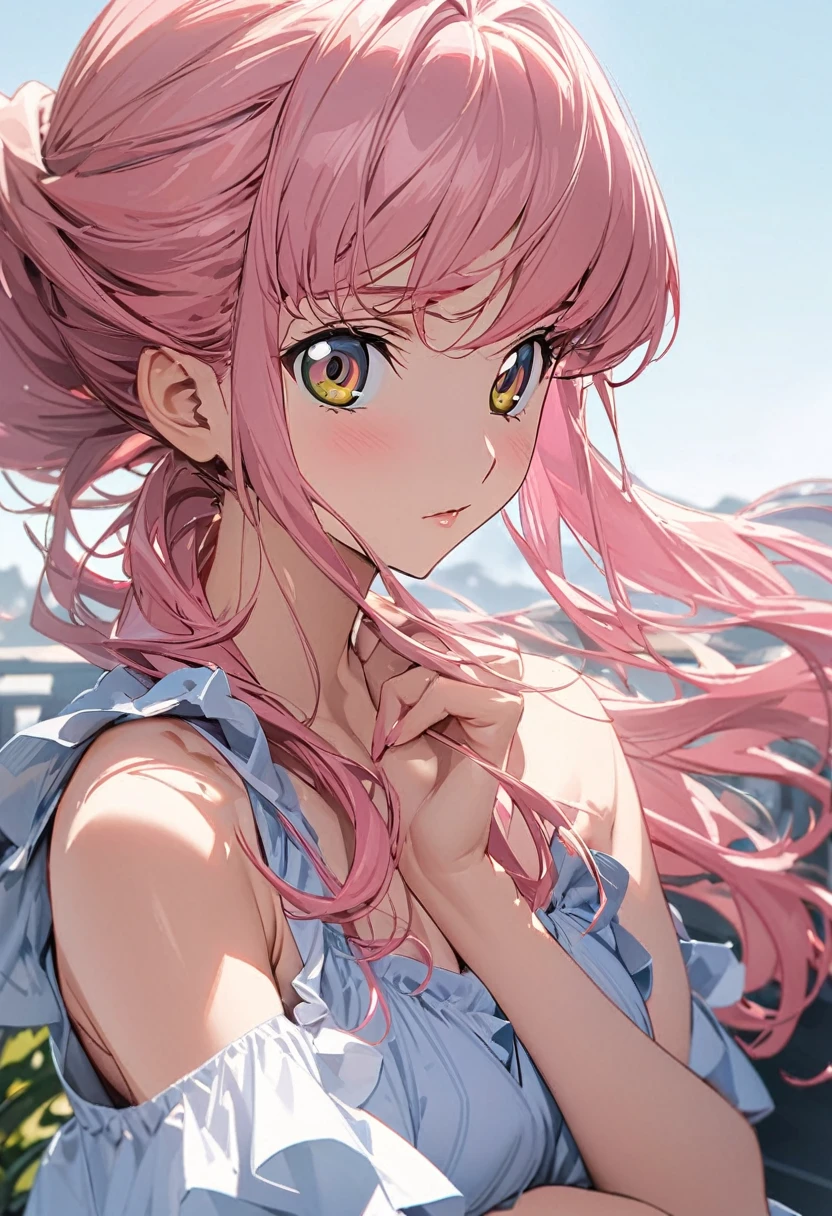 One woman, Ultra-high resolution, 超detailed, Highest quality, 8k,((Highest quality)), ((masterpiece)), (detailed),Face direction(front),Hair Color(Bright pink,Fine hair quality,Soft and fluffy),background(blue sky,morning),eye(パッチリとしたeye元), clothing(Summer clothes),expression(Exquisite features depicting a perfect face),Body Type(model,Naturally beautiful),Perfect hands,The perfect woman, Dramatic Shadows,Cute pose,Anime characters, Code Geass