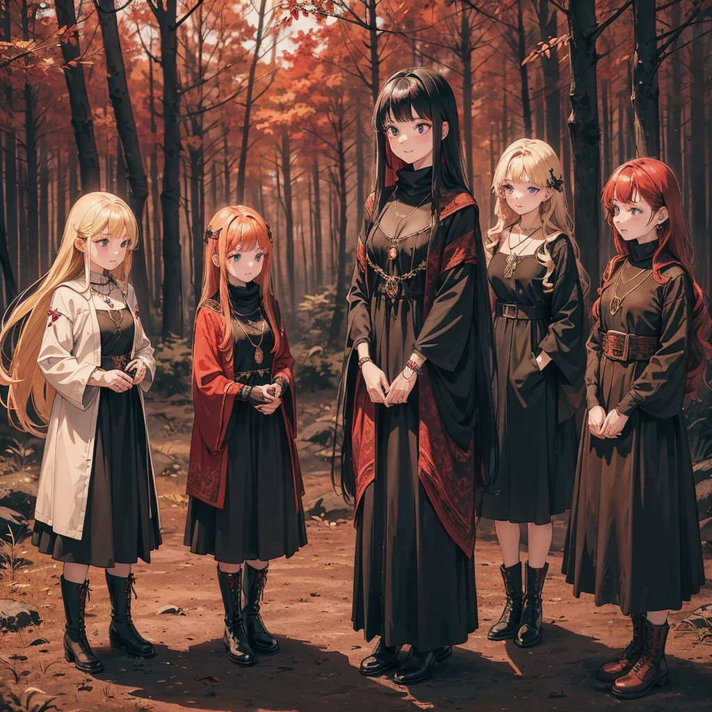 a group of beautiful witch girls in the middle of a forest in the night, tribal tattoo ,multiple girls, five girls, red and blonde hair , standing girl young girl, gloves, elbow pads, boots, smiles, small breasts, long black dress, necklaces, jewelry decorations , red hair , black hair , blonde hair, blue eyes, full body,